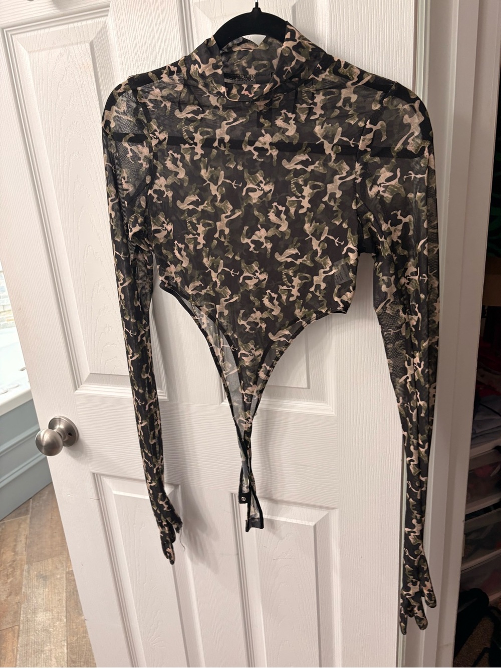 AKIRA Sheer Camo High Neck Long Sleeve Bodysuit - Green Camo